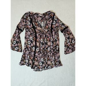 Altar'd State Floral Black‎ Pink Babydoll Flowers Mini Dress Bell Sleeve Size M